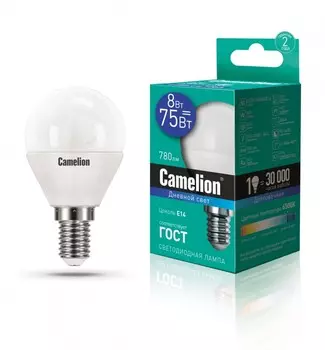 Светодиодная лампа E14 8W 6500К (холодный) G45 Camelion LED8-G45/865/E14 (13371)