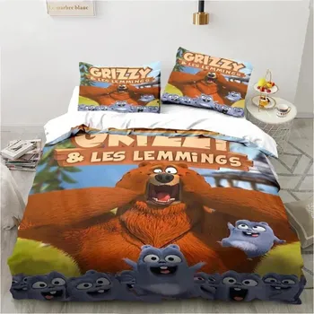 Комплект постельного белья с изображением мультфильма Grizzy N Lemmings, пододеяльник, постельный комплект, пододеяльник, наволочка, одеяло размера king-size для мальчиков и взрослых 135X200cm-2pcs