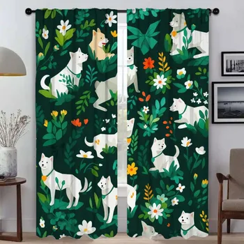 Flower With the Dog Curtains for Bedroom Modern Living Room Curtains 2 Pieces Halloween Decoration Blackout Curtain Partition W50xH70cmx2pcs-CL