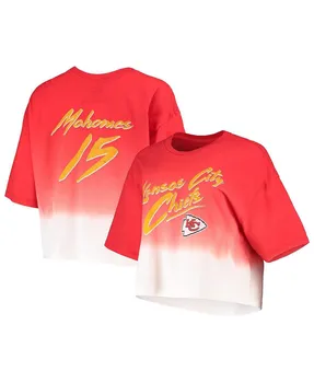 Женские нитки Патрик Махоумс Красно-белая футболка Kansas City Chiefs с капельным красителем Имя и номер игрока Укороченная футболка Tri-Blend Majestic