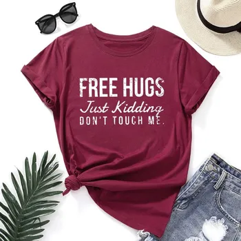 Летняя женская одежда FREE HUGS напечатанный чистый хлопок свободные круглый вырез короткий рукав футболки женские S чёрный