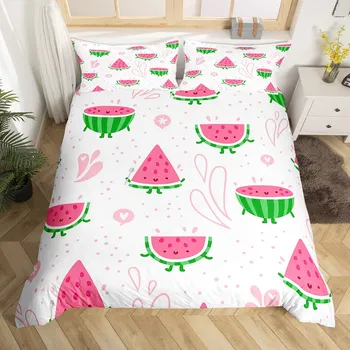 Watermelon Comforter Cover Set Watercolor Watermelon Pattern Duvet Cover Fruits Theme Microfiber Bedding Set 3pcs for Kids Girls EU Single(135x200cm)