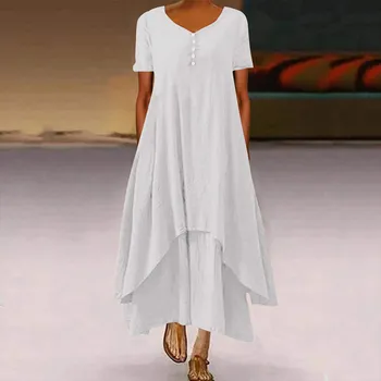 Мода Boho сплошной цвет с коротким рукавом свободное повседневное нерегулярное платье M армия зеленый