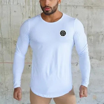 Muscleguys Европа и Америка Фитнес Спорт Простая мужская осенняя тонкая пуловер с длинными рукавами белая футболка M чёрный