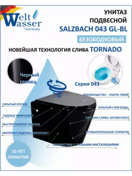 Унитаз подвесной WeltWasser WW SALZBACH 043 GL-BL безободковый, с сиденьем микролифт, черный глянцевый