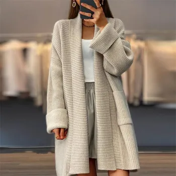 Tooxika Новый женский утолщенный средней длины однотонный вязаный кардиган свободный карман свитер куртка L