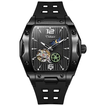 Dulunwe Tonneau Sports Мужские часы с турбийоном Starry Moon Phases Hollow Out Автоматические механические часы с резиновым ремешком Светящиеся наручные часы красный