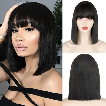 MISS WIG Короткие синтетические парики с челкой для женщин, парики блондинки, черного, синего цвета из натуральных волос для Лолиты, косплея, вечеринки, повседневного использования 12inches