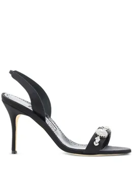 Manolo Blahnik 90 мм атласные босоножки с открытой пяткой из Ламисана с отделкой, черный