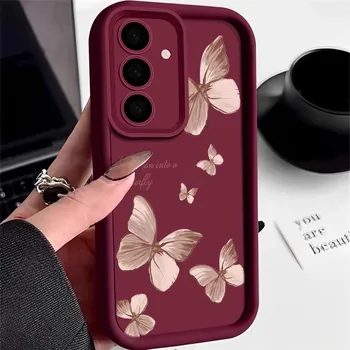 Матовый противоударный чехол с рисунком бабочки для телефона Samsung S25 Ultra S24 FE S23 Plus S22 A56 A36 A16 A55 A06 A15 A35 A05 A54 TPU мягкий бампер Samsung S25 чёрный