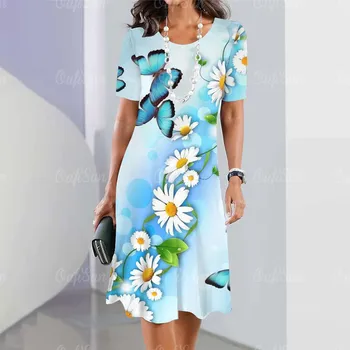 Новые женские платья с принтом бабочек 3D Летнее элегантное платье Платья с коротким рукавом Модная одежда больших размеров S