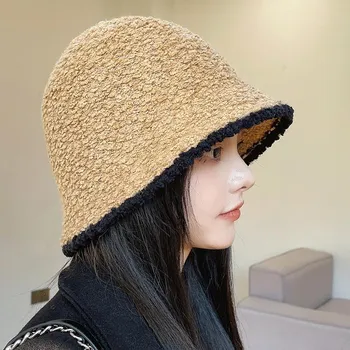 Рыбацкая шляпа из овечьей шерсти, корейская осенне-зимняя панама, маленькая вязаная шапка с открытым лицом, женская кепка, черный, белый цвет One Size