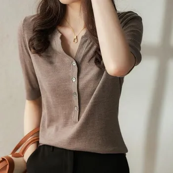 Summer Women s Five Quarter Sleeve V-neck Knitted Top for Women Blouses & Shirts S тёмно-синий