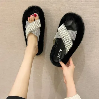 Fashion Indoor Women Slippers 2024 Winter Fashion Warm Soft Fluffy Plush Cute House Slides Shoes Non Slip Flat Slippers Bedroom Slippers 35 хаки
