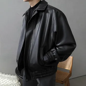 Leather Jacket Men s Spring and Autumn New Loose Leather Jacket Motorcycle Men s Korean Style Trendy Casual Jacket M