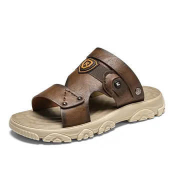 Fashion 2024 Hot Sale Summer Men s Sandals Outdoor Non-slip Men s Beach Sandals Handmade Leather Men s Shoes Fashion Men Sneakers 38 чёрный