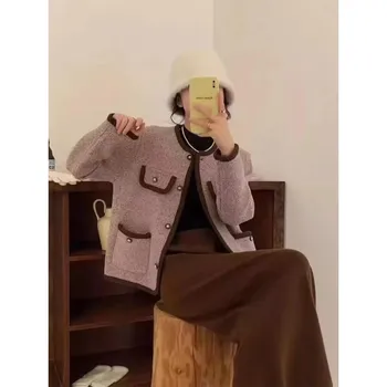 Temperament round neck versatile and thin imitation double-sided coat small autumn and winter cardigan women s trend One Size