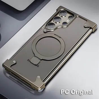 Чехол для Samsung Galaxy S24 S23 Ultra с металлической рамкой Magsafe, четырьмя угловыми подушками безопасности, прозрачным кожаным кольцом для пальца, держателем для телефона For Samsung S24 Ultra
