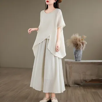 Johnature Китайские комплекты нерегулярные свободные простые летние женские свободные однотонные комплекты M синий