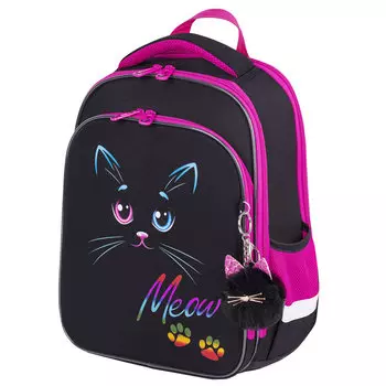 Ранец Brauberg QUADRO Black cat, анатомическая, вентилируемая, формоустойчивая спинка, 3 отделения, черный/розовый (271358)