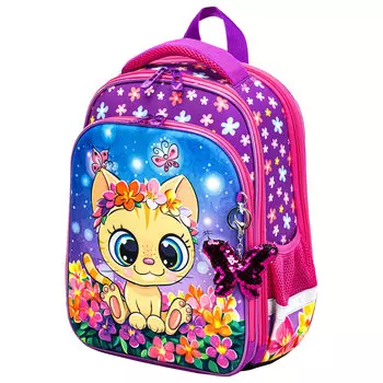Ранец Brauberg QUADRO Charming kitten, анатомическая, вентилируемая, формоустойчивая спинка, 3 отделения, розовый/сиреневый (270602)
