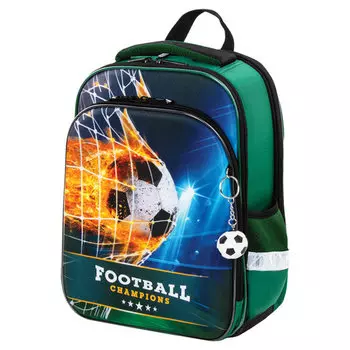 Ранец Brauberg QUADRO Fire football, анатомическая, вентилируемая, формоустойчивая спинка, 3 отделения, зеленый (229956)