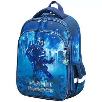 Ранец Brauberg QUADRO Planet invasion, анатомическая, вентилируемая, формоустойчивая спинка, 3 отделения, синий/голубой (270604)