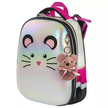 Ранец Brauberg SHINY Curious mouse, анатомическая, вентилируемая, формоустойчивая спинка, 2 отделения, розовый/перламутровый (270696)
