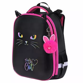 Ранец Brauberg SHINY Glad to be cat, анатомическая, вентилируемая, формоустойчивая спинка, 2 отделения, черный (271382)