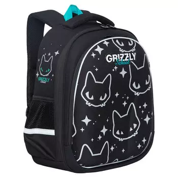 Ранец GRIZZLY RAZ STAR CAT, анатомическая, вентилируемая спинка, 2 отделения, черный/голубой (RAz-286-12/1)