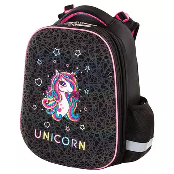 Ранец ЮНЛАНДИЯ Extra Rainbow unicorn, анатомическая, вентилируемая, регулируемая по росту, формоустойчивая, 2 отделения, черный\розовый (229932)