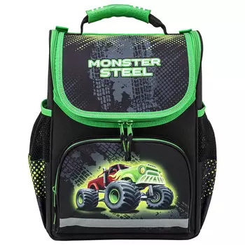 Ранец ПИФАГОР BASIC Monster steel, анатомическая, вентилируемая, формоустойчивая спинка, 1 отделение, черный/зеленый (270686)