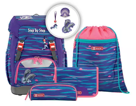 Ранец Step By Step Grade Shiny Dolphins 4 предмета, ортопедическая, жесткая, 2 отделения, сиреневый/голубой (129671)
