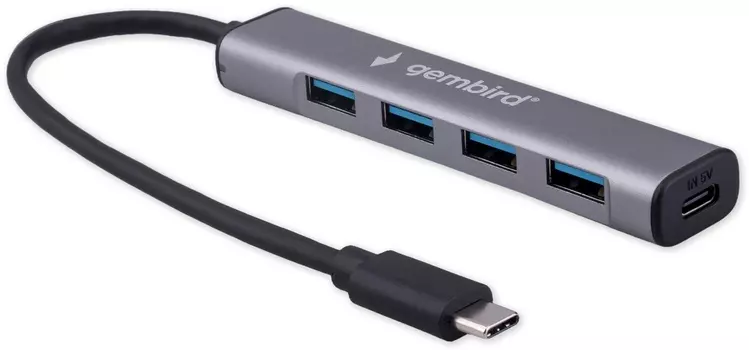 Разветвитель Gembird UHB-C474 USB3.1, 4хUSB, с доп.питанием (порт Type-C), кабель Type-C 19см, алюминий, коробка