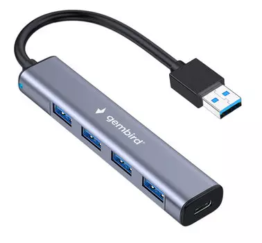 Разветвитель Gembird UHB-C484 USB3.1, 4хUSB, с доп.питанием (порт Type-C), кабель USB 19см, алюминий, коробка