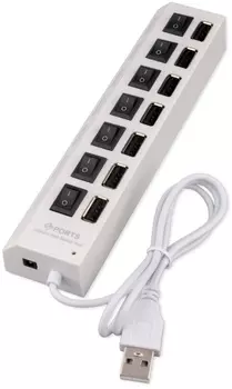 Разветвитель Gembird UHB-U2P7-01W USB2.0,, 7хUSB, с доп.питанием, подсв и выкл, кабель USB 55см, белый, коробка