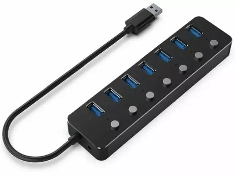 Разветвитель Gembird UHB-U3P7-01 USB3.1, 7хUSB, с доп.питанием (порт Type-C), кабель USB 19см, алюминий, коробка