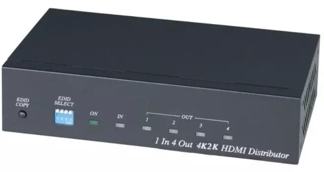 Разветвитель HDMI SC&T HD04-4K6G (1 вход/4 выхода), 4K(60Гц), HDMI 2.0, HDCP 1.4, 2.2, DVI 1.0. Вх. - HDMI(A)/RS232(DB9)/Роз.2,1х5мм(DC5V). Вых. - HDM