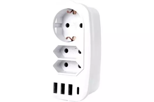 Разветвитель RocketSocket GN4603 230 В, 16 А, IP20, 3 розетки, 3*USB 3A+C с блоком 5В/3.1А, защитные шторки, цвет белый