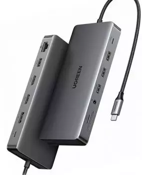 Разветвитель UGREEN CM681 Revodok Pro 13-in-1 15978_ 4K/60Hz, 2*HDMI & 1*DP with PD Adapter - Gray
