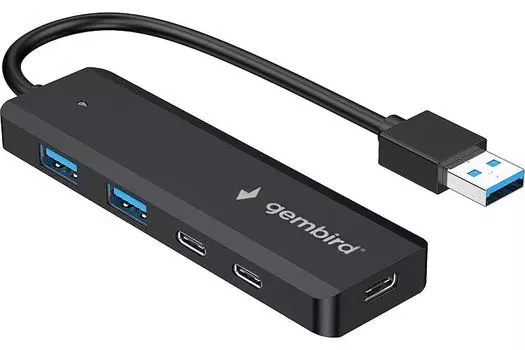Разветвитель USB 3.1 Gembird UHB-C415 2хUSB, 2хType-C, с доп.питанием (порт Type-C), кабель USB 19см, черный