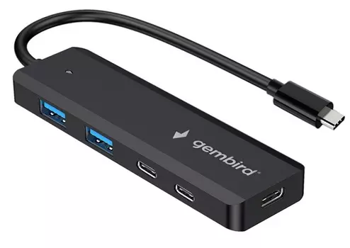 Разветвитель USB 3.1 Gembird UHB-C425 2xUSB, 2xType-C, с доп.питанием (порт Type-C),кабель Type-C 19см, черный
