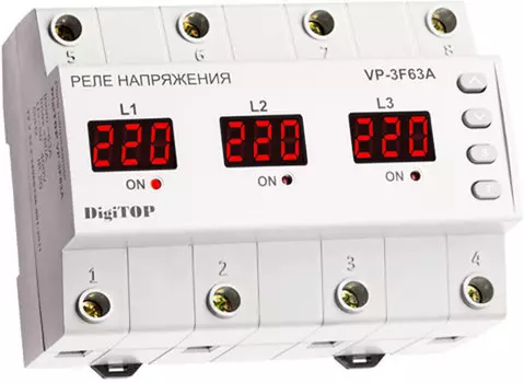 Реле напряжения DigiTOP Vp-3F63A Измеряемое напряжение 50-400 В, номинальный ток 63 А, максимальный ток 80 А
