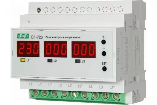 Реле напряжения F&F CP-723 трехфазное; два режима работы - три однофазных реле или трехфазное реле напряжения; монтаж на DIN-рейке; 100…450 AC 3NO 3х6