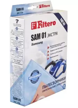 Пылесборники Filtero SAM 01 ЭКСТРА, для GRUNDIG, SUPERIOR, KENWOOD, Novamatic, AFK, Sanyo, DIRTDEVIL, BESTRON, DAREL, Rotel, Severin, EVGO, Bomann, SOLAC, ELEKTA, DeLonghi, ATLANTA, IDELINE, Team, Trisa, HITACHI, Technika, Melissa, Nilfisk, Clatronic, Bimatek, MARTA, SUPRA, Saturn, VIGOR, ФЕЯ, Ufesa, Scarlett, ROLSEN, FAKIR, REDMOND, VAX, VITEK, TRISTAR, Akira, Invest, Amstrad, ETA, Fagor, KALORIK, ALPHA, FIRST, Thomas, BORK, Elenberg, Hanseatic, Hyundai, Progress, SATRAP, 5шт., голубой (SAM 01)