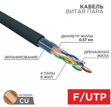 Кабель витая пара F/UTP 6 кат. 4 пары Rexant 01-0158 PE, 4PR, 23AWG, OUTDOOR, SOLID, черный, 305м REXANT