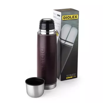 Термос Diolex DXL-750-1 с узким горлом 750 мл, кнопка, из нержавеющей стали с кожаной вставкой (+ Антисептик-спрей для рук в подарок!)