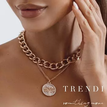 TRENDI Колье на шею чокер и цепочка двойная с подвеской дерево белый под золото