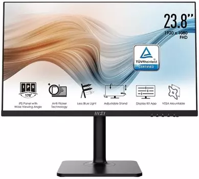 Монитор 23,8" MSI Modern MD241P 9S6-3PA59H-056 16:9 FHD, 5ms(GTG), 75Hz, 250nit, 178/178, HDMI, USB-C, SPK, Tilt, Swivel, Height, Pivot, VESA