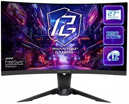 Монитор 27" ASRock Phantom Gaming PG27QRT2A 2560x1440 WLED, 16:9, VA, 300cd, 5000:1, 1ms, 178/178, DP, 2*HDMI, 180Hz, Speakers, curved R1500, tilt, H